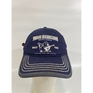 True Religion Mens World Tour Buddha Baseball Hat Navy Blue Leather Strapback